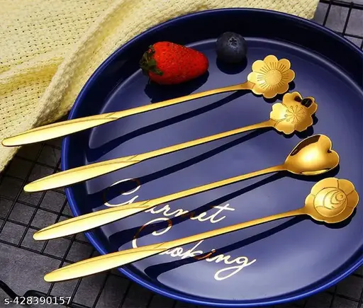 ✨ Stainless Steel Teaspoons Set of 4 – Elegant Golden Floral Design