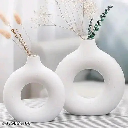 ⚪🌿 “Ceramic Donut Vase Set of 3 – Elegant White Ring Vases for Modern Home Décor” 🌿⚪