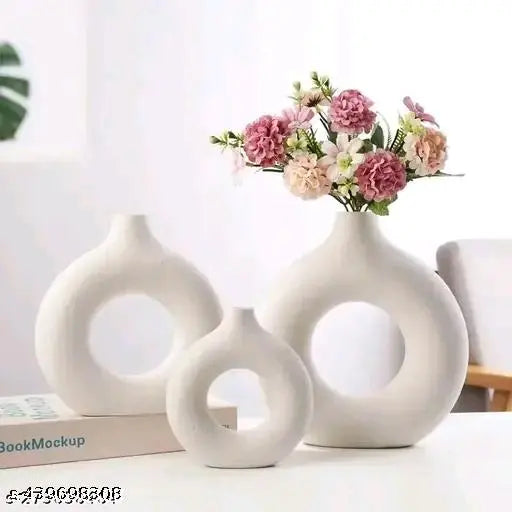 ⚪🌿 “Ceramic Donut Vase Set of 3 – Elegant White Ring Vases for Modern Home Décor” 🌿⚪