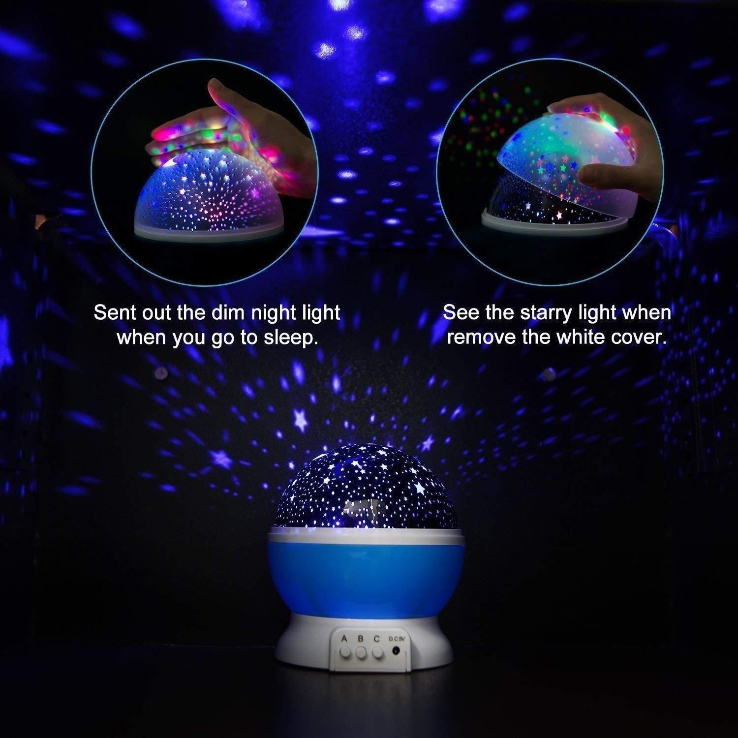 🌙✨ Star Master 360° Rotating Moon & Star Projector Lamp – USB + Battery Powered (Multi-Color)